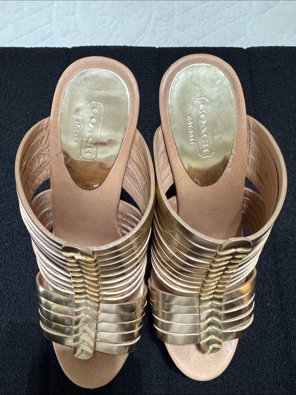 Coach Gold Metallic Wedge Sandals Heels Size 7.5